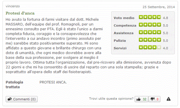 Opinioni pazienti Dott. Michele Massaro - protesi anca