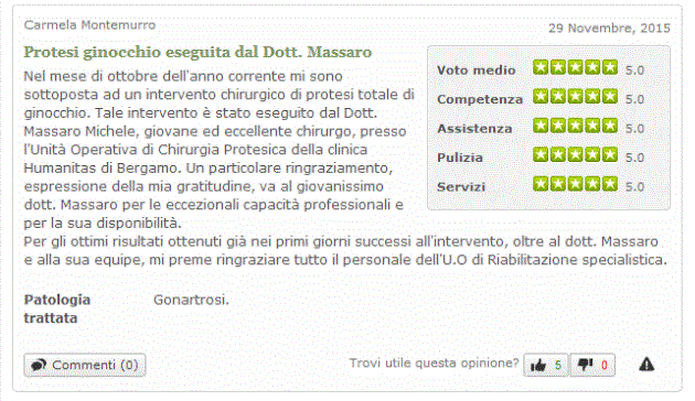Opinioni pazienti Dott. Massaro - Chirurgo protesi ginocchio